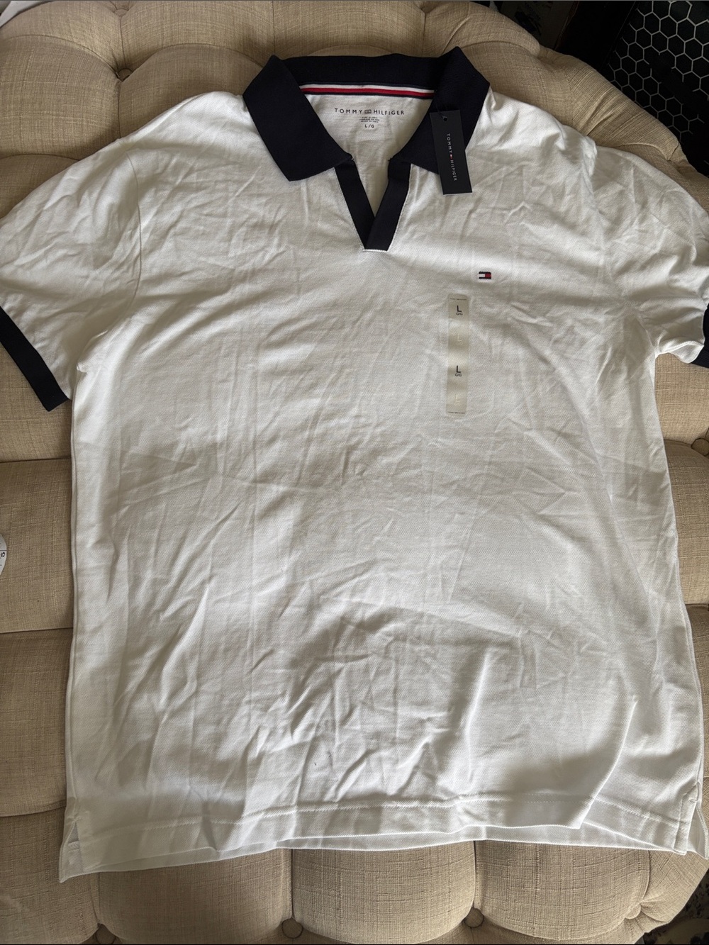 Tommy Hilfiger Men’s White Polo with Navy Collar and Cuffs
